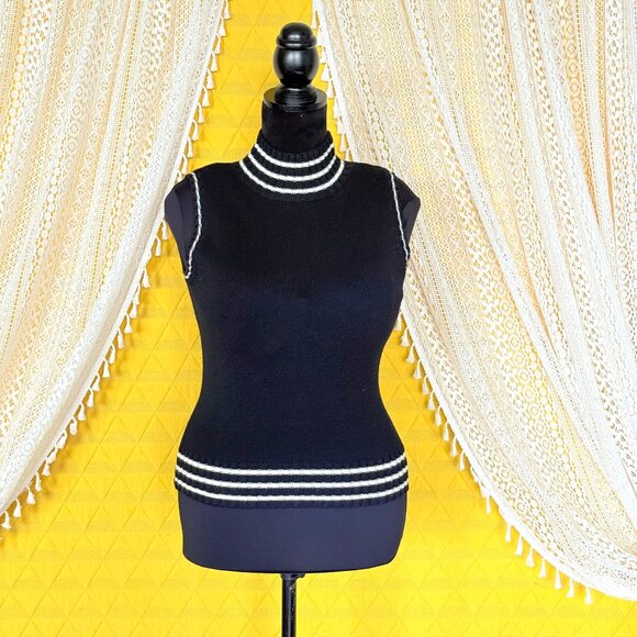 VTG Harolds Wool Black & White Striped Sleeveless Turtleneck Sweater Vest Size M - Picture 4 of 15
